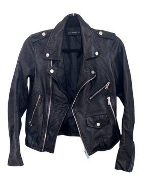 ZARA Woman Soft Leather Biker Moto Jacket Silver Zip Detail Womens Size Small